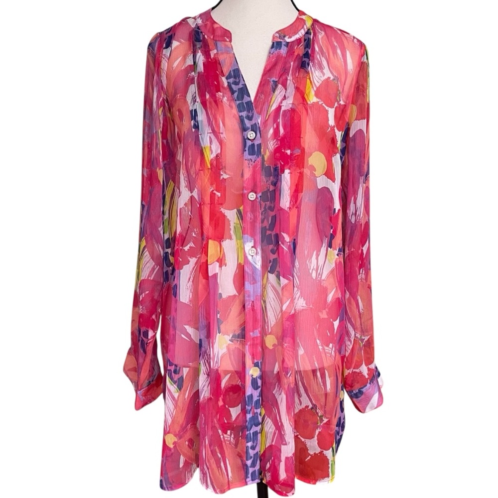 Soft Surroundings Sheer Multicolor Floral Layering Mock V-Neck Blouse Tunic Sz.M